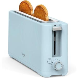 Martha Stewart 2 Slice Long Slot Toaster, Extra Wide for Sourdough & Bagels, 10 Setting Shade Control, Removable Crumb Tray, Self-Centering Design, Defrost/Reheat, Cancel, Slim Space-Saving, Linen(Sky Blue)