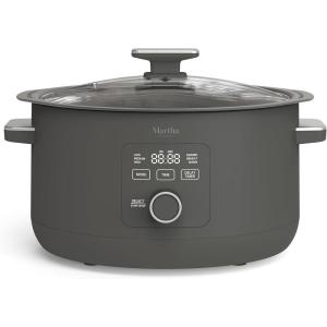 Martha Stewart 8 QT Slow Cooker, Programmable with Timer, 3 Heat Settings (Low, High, Warm), Nonstick Ceramic Removable Crock, Stovetop & Oven Safe, Glass Lid, Simmer, Reheat, Warm, Linen(Caviar Gray)