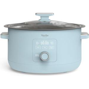 Martha Stewart 8 QT Slow Cooker, Programmable with Timer, 3 Heat Settings (Low, High, Warm), Nonstick Ceramic Removable Crock, Stovetop & Oven Safe, Glass Lid, Simmer, Reheat, Warm, Linen(Sky Blue)