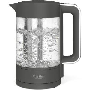 Martha Stewart Electric Kettle with Removable Stainless Steel Tea Infuser, Glass Carafe 1.7L (7 Cups), Hot Water Boiler, 4 Presets, Keep Warm & Auto Shut-Off, Cordless 360° Swivel Base, Linen White(Caviar Gray)
