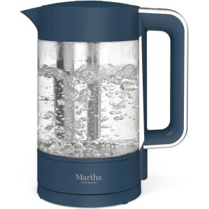 Martha Stewart Electric Kettle with Removable Stainless Steel Tea Infuser, Glass Carafe 1.7L (7 Cups), Hot Water Boiler, 4 Presets, Keep Warm & Auto Shut-Off, Cordless 360° Swivel Base, Linen White(Indigo Blue)