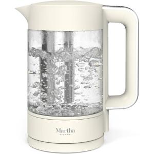 Martha Stewart Electric Kettle with Removable Stainless Steel Tea Infuser, Glass Carafe 1.7L (7 Cups), Hot Water Boiler, 4 Presets, Keep Warm & Auto Shut-Off, Cordless 360° Swivel Base, Linen White(Linen White)