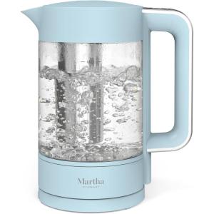 Martha Stewart Electric Kettle with Removable Stainless Steel Tea Infuser, Glass Carafe 1.7L (7 Cups), Hot Water Boiler, 4 Presets, Keep Warm & Auto Shut-Off, Cordless 360° Swivel Base, Linen White(Sky Blue)