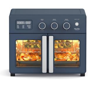 Martha Stewart French Door Air Fryer Toaster Oven Combo, 34QT Countertop Convection, 12-in-1, Bake, Broil, Roast, Fits 12” Pizza, Dehydrate, 5 Accessories, Air Fry Basket, Stainless Steel, Linen White(Indigo Blue)