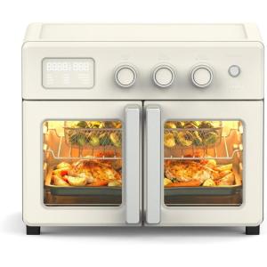 Martha Stewart French Door Air Fryer Toaster Oven Combo, 34QT Countertop Convection, 12-in-1, Bake, Broil, Roast, Fits 12” Pizza, Dehydrate, 5 Accessories, Air Fry Basket, Stainless Steel, Linen White(Linen White)