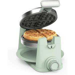 Martha Stewart Rotating Waffle Maker, 180° Flip Iron with PFAS-Free Nonstick Plates, Adjustable Timer, Ready Light, Drip Tray, Space Saving, Classic Round 7”, Easy to Clean, Stainless Steel, Linen(Honeydew Green)