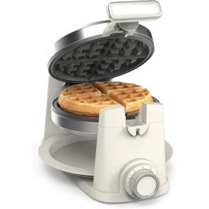 Martha Stewart Rotating Waffle Maker, 180° Flip Iron with PFAS-Free Nonstick Plates, Adjustable Timer, Ready Light, Drip Tray, Space Saving, Classic Round 7”, Easy to Clean, Stainless Steel, Linen(Linen White)