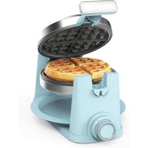 Martha Stewart Rotating Waffle Maker, 180° Flip Iron with PFAS-Free Nonstick Plates, Adjustable Timer, Ready Light, Drip Tray, Space Saving, Classic Round 7”, Easy to Clean, Stainless Steel, Linen(Sky Blue)