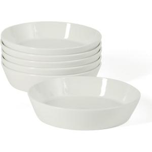 Martha Stewart Selma Pasta Bowls Set of 6, 43oz White Porcelain Soup Bowls & Salad Bowl, Wide and Shallow, Chip Resistant, Dishwasher & Microwave Safe(White (Pasta Bowls))