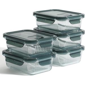 Martha Stewart Shadowbrook 5-Piece Borosilicate Glass Storage Container Set – Airtight Locking Lids, 21.6 oz Meal Prep, Leftover & Lunch Containers, Microwave, Oven & Dishwasher Safe(Glass/Green Lid (Shadowbrook – Rectangular))
