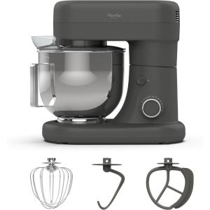 Martha Stewart  Tilt-Head Stand Mixer, 12 Speed, 5.3QT Stainless Steel Bowl, Splash Guard with Pour Chute, Whisk, Dough Hook, Flat Beater, Electric Kitchen Baking Mixer, Bread, Cake, Whip, Linen White(Caviar Gray)