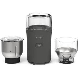 Martha Stewart Electric Coffee & Spice Grinder, Dual 2.5oz Removable Bowls, Storage Lids, Stainless Steel Blades, One Touch Pulse Control, 2-in-1 Compact, Beans & Spices, Herbs & Nuts, Linen White(Caviar Gray)