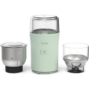 Martha Stewart Electric Coffee & Spice Grinder, Dual 2.5oz Removable Bowls, Storage Lids, Stainless Steel Blades, One Touch Pulse Control, 2-in-1 Compact, Beans & Spices, Herbs & Nuts, Linen White(Honeydew Green)