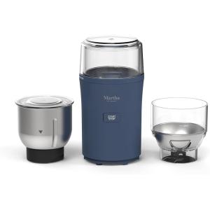Martha Stewart Electric Coffee & Spice Grinder, Dual 2.5oz Removable Bowls, Storage Lids, Stainless Steel Blades, One Touch Pulse Control, 2-in-1 Compact, Beans & Spices, Herbs & Nuts, Linen White(Indigo Blue)