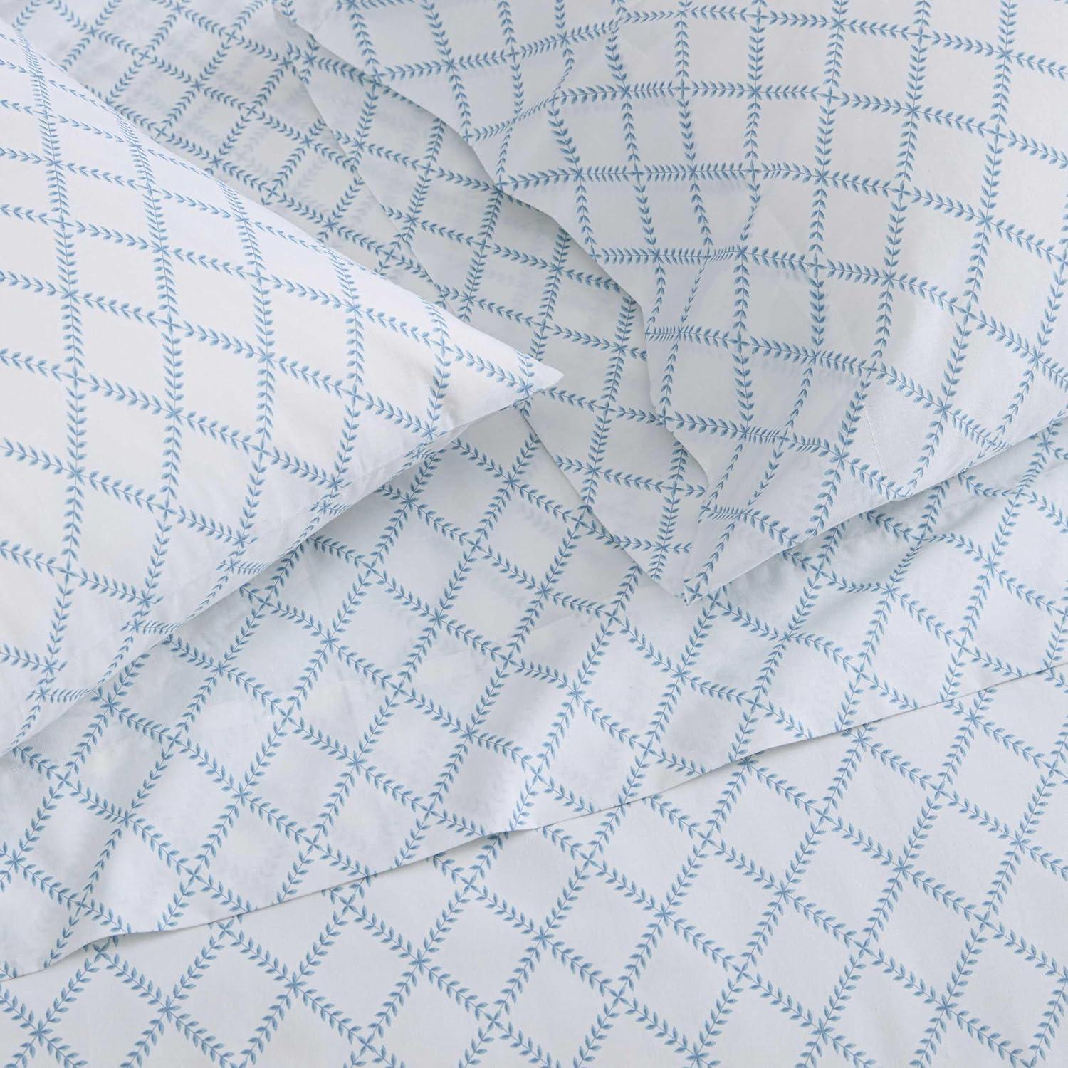 image:imageMartha Stewart Twin Size Sheet Set Crisp amp Tailored Bedding with a Smooth Cotton Percale Feel Deep Pocket Bed Sheets with Matching Pillowcase amp Fitted Sheet Dotted Stripe YellowLeaf Trellis Blue