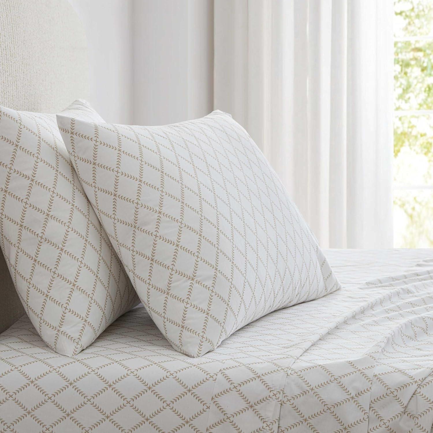 image:imageMartha Stewart Twin Size Sheet Set Crisp amp Tailored Bedding with a Smooth Cotton Percale Feel Deep Pocket Bed Sheets with Matching Pillowcase amp Fitted Sheet Dotted Stripe YellowLeaf Trellis Beige
