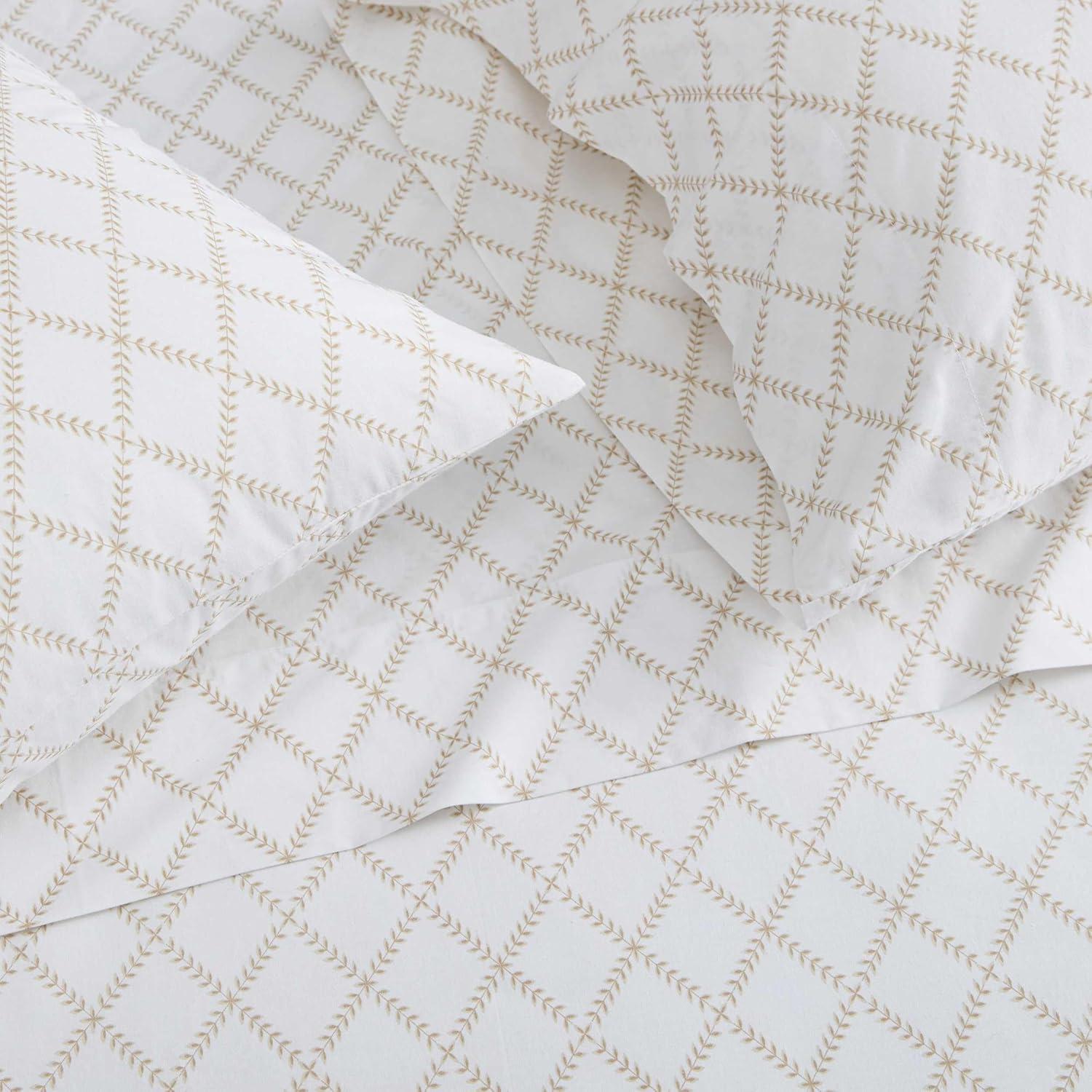 image:imageMartha Stewart Twin Size Sheet Set Crisp amp Tailored Bedding with a Smooth Cotton Percale Feel Deep Pocket Bed Sheets with Matching Pillowcase amp Fitted Sheet Dotted Stripe YellowLeaf Trellis Beige