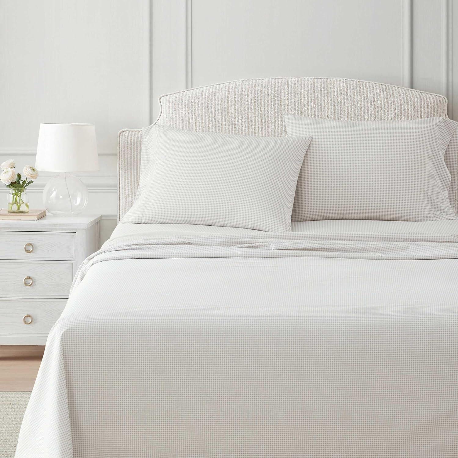 image:imageMartha Stewart Twin Size Sheet Set Crisp amp Tailored Bedding with a Smooth Cotton Percale Feel Deep Pocket Bed Sheets with Matching Pillowcase amp Fitted Sheet Dotted Stripe YellowGingham Beige