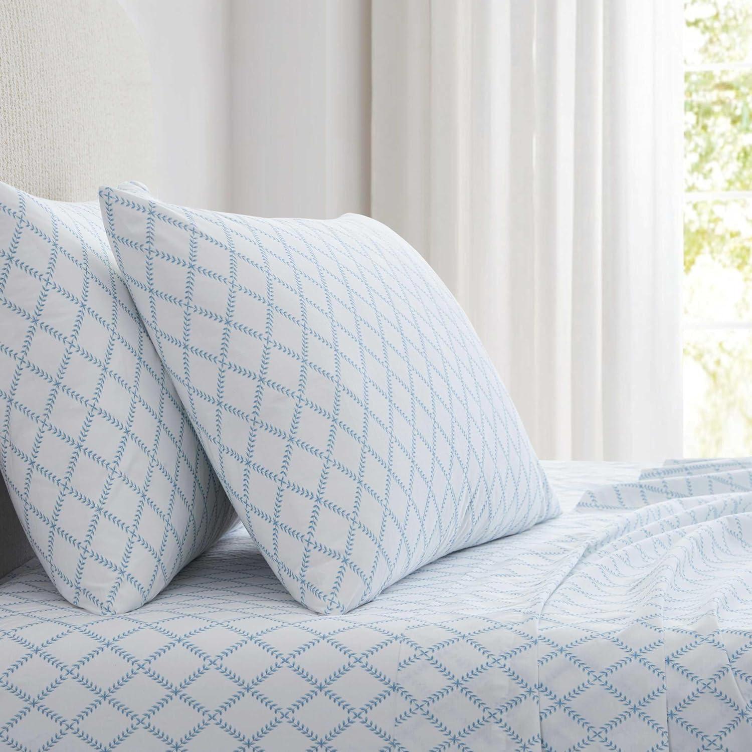 image:imageMartha Stewart Twin Size Sheet Set Crisp amp Tailored Bedding with a Smooth Cotton Percale Feel Deep Pocket Bed Sheets with Matching Pillowcase amp Fitted Sheet Dotted Stripe YellowLeaf Trellis Blue
