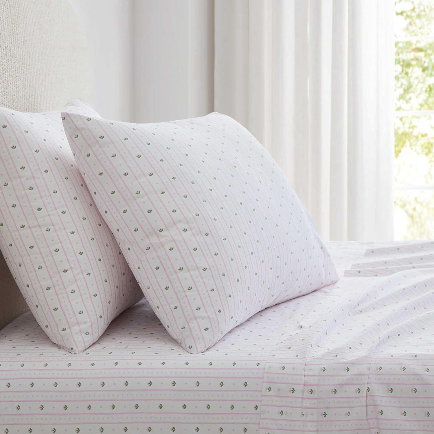 image:imageMartha Stewart Twin Size Sheet Set Crisp amp Tailored Bedding with a Smooth Cotton Percale Feel Deep Pocket Bed Sheets with Matching Pillowcase amp Fitted Sheet Dotted Stripe YellowFloral Stripe Pink