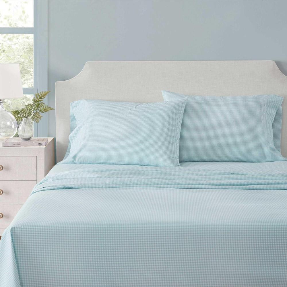 image:imageMartha Stewart  Twin Size Sheet Set Crisp amp Tailored Bedding with a Smooth Cotton Percale Feel Deep Pocket Bed Sheets with Matching Pillowcase amp Fitted Sheet Dotted Stripe YellowSmall Gingham Blue