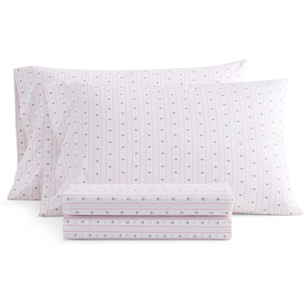 image:imageMartha Stewart  Twin Size Sheet Set Crisp amp Tailored Bedding with a Smooth Cotton Percale Feel Deep Pocket Bed Sheets with Matching Pillowcase amp Fitted Sheet Dotted Stripe YellowFloral Stripe Pink