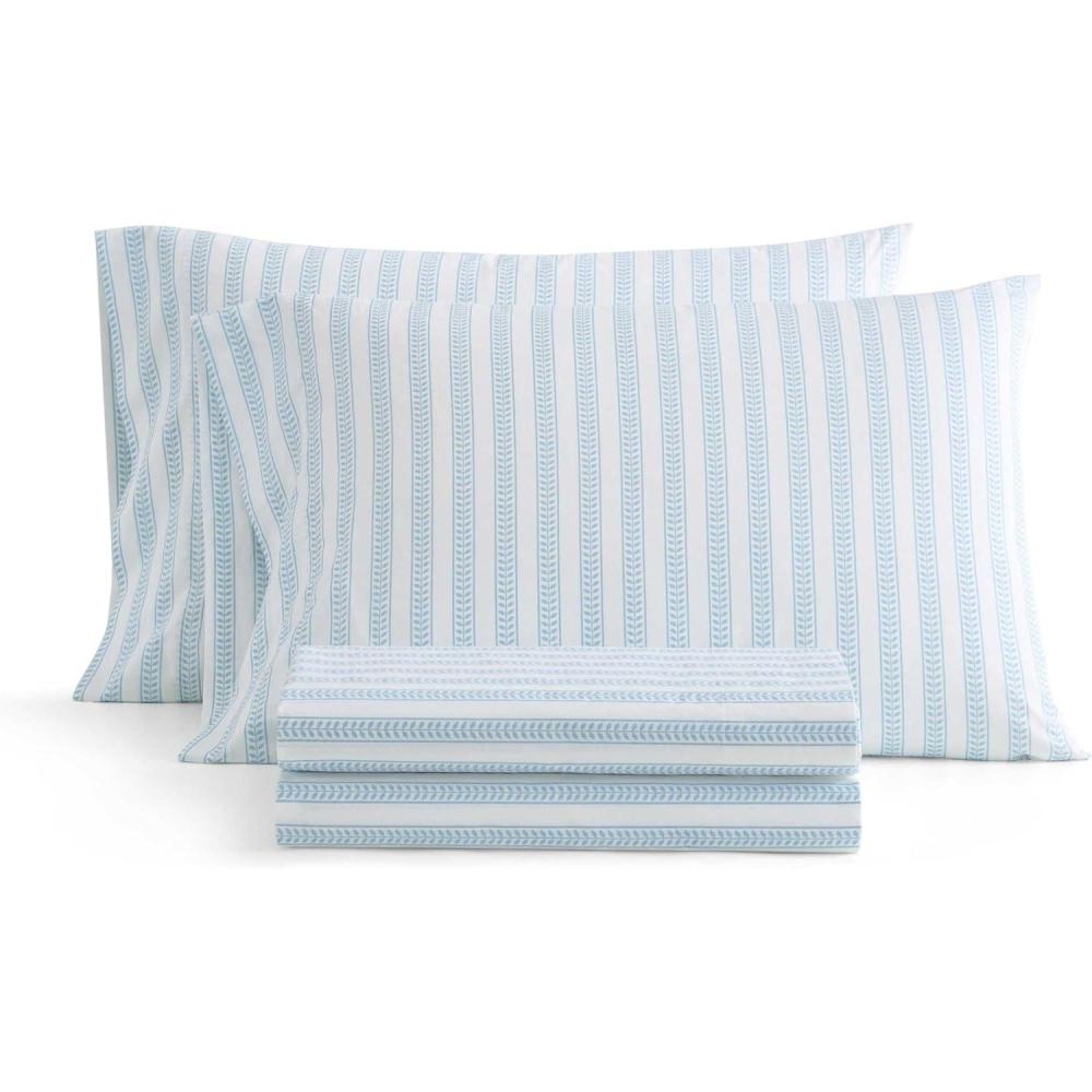image:imageMartha Stewart Twin Size Sheet Set Crisp amp Tailored Bedding with a Smooth Cotton Percale Feel Deep Pocket Bed Sheets with Matching Pillowcase amp Fitted Sheet Dotted Stripe YellowLeaf Stripe Blue