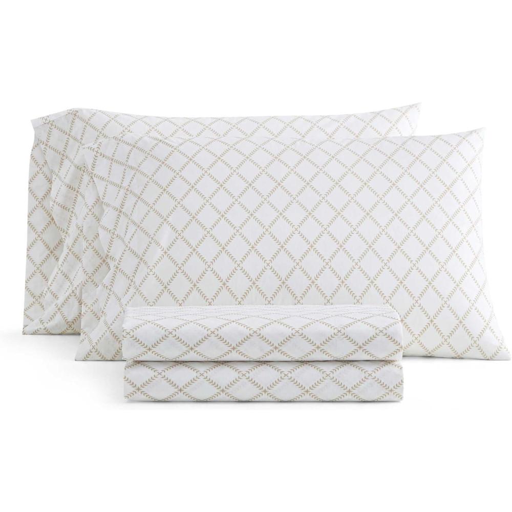 image:imageMartha Stewart Twin Size Sheet Set Crisp amp Tailored Bedding with a Smooth Cotton Percale Feel Deep Pocket Bed Sheets with Matching Pillowcase amp Fitted Sheet Dotted Stripe YellowLeaf Trellis Beige