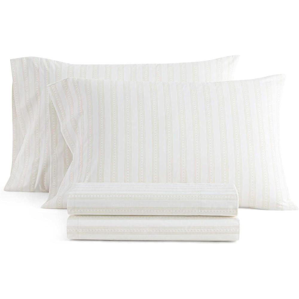 image:imageMartha Stewart  Twin Size Sheet Set Crisp amp Tailored Bedding with a Smooth Cotton Percale Feel Deep Pocket Bed Sheets with Matching Pillowcase amp Fitted Sheet Dotted Stripe YellowFrancesca Stripe Beige