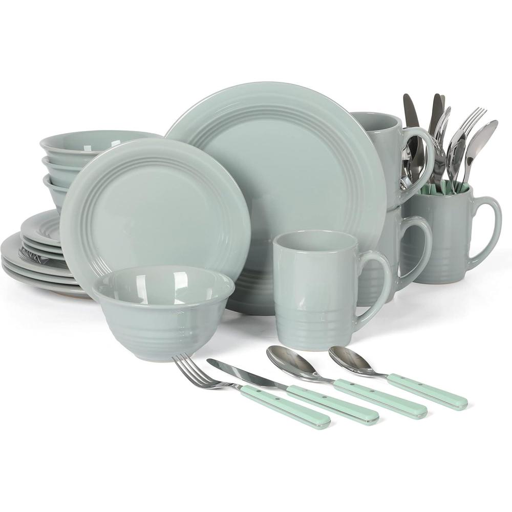 image:imageMartha Stewart Reedley 32 Piece Stoneware Dinnerware and Flatware Combo Set GreyBlue