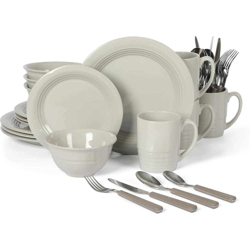 image:imageMartha Stewart Reedley 32 Piece Stoneware Dinnerware and Flatware Combo Set GreyGray