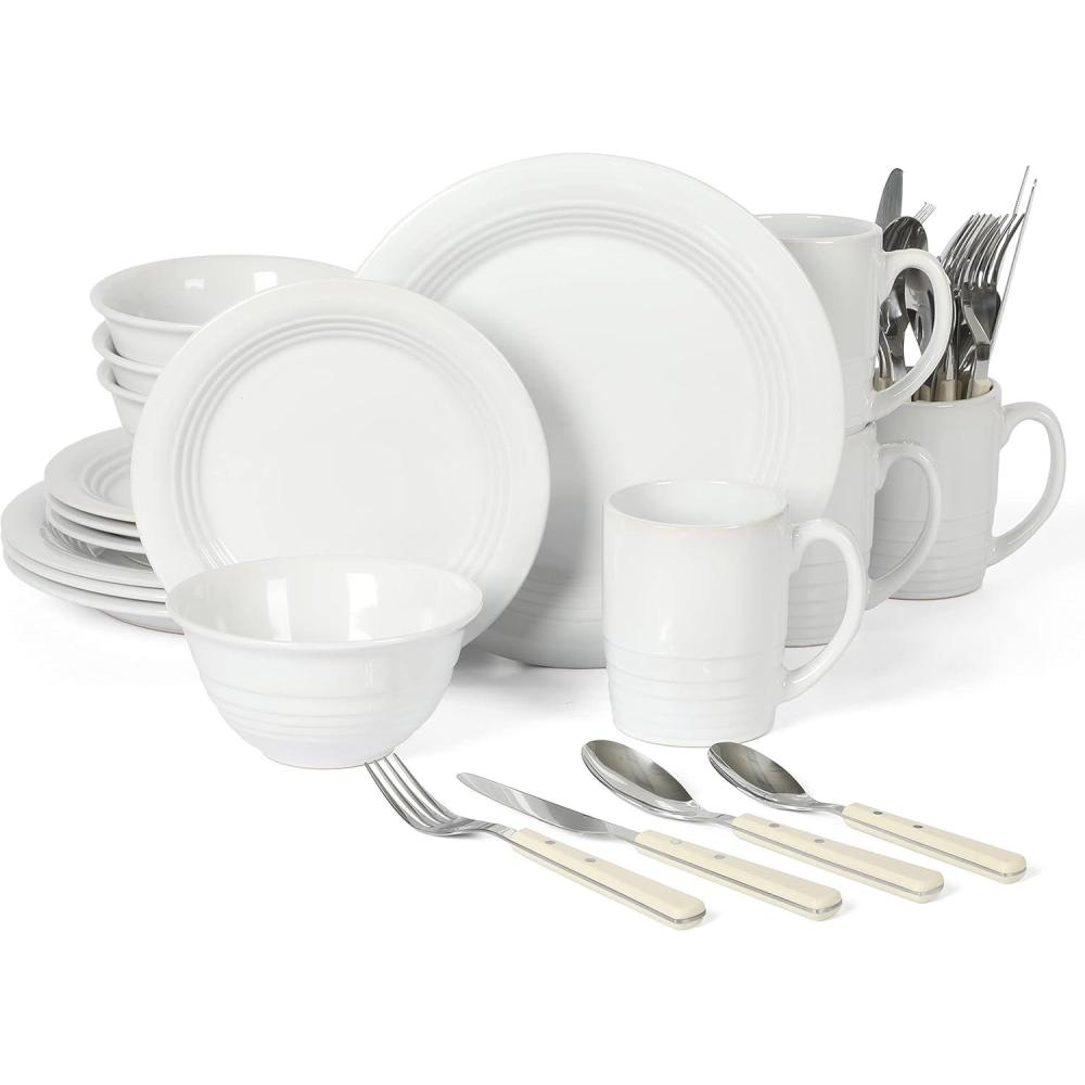 image:imageMartha Stewart Reedley 32 Piece Stoneware Dinnerware and Flatware Combo Set GreyLinen White