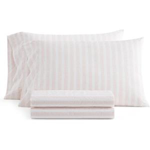 Martha Stewart – Twin Size Sheet Set, Crisp & Tailored Bedding with a Smooth Cotton Percale Feel, Deep Pocket, Bed Sheets with Matching Pillowcase & Fitted Sheet (Dotted Stripe Yellow)(Leaf Stripe Pink)