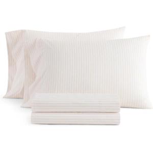 Martha Stewart – Twin Size Sheet Set, Crisp & Tailored Bedding with a Smooth Cotton Percale Feel, Deep Pocket, Bed Sheets with Matching Pillowcase & Fitted Sheet (Dotted Stripe Yellow)(Ticking Stripe Pink)