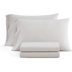 Martha Stewart – Twin Size Sheet Set, Crisp & Tailored Bedding with a Smooth Cotton Percale Feel, Deep Pocket, Bed Sheets with Matching Pillowcase & Fitted Sheet (Dotted Stripe Yellow)(Gingham Beige)