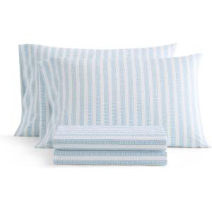 Martha Stewart – Twin Size Sheet Set, Crisp & Tailored Bedding with a Smooth Cotton Percale Feel, Deep Pocket, Bed Sheets with Matching Pillowcase & Fitted Sheet (Dotted Stripe Yellow)(Leaf Stripe Blue)