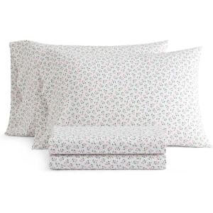 Martha Stewart – Twin Size Sheet Set, Crisp & Tailored Bedding with a Smooth Cotton Percale Feel, Deep Pocket, Bed Sheets with Matching Pillowcase & Fitted Sheet (Dotted Stripe Yellow)(Kennedy Floral Pink)