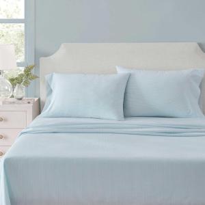 Martha Stewart – Twin Size Sheet Set, Crisp & Tailored Bedding with a Smooth Cotton Percale Feel, Deep Pocket, Bed Sheets with Matching Pillowcase & Fitted Sheet (Dotted Stripe Yellow)(Stripe Blue)