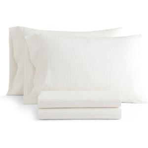 Martha Stewart – Twin Size Sheet Set, Crisp & Tailored Bedding with a Smooth Cotton Percale Feel, Deep Pocket, Bed Sheets with Matching Pillowcase & Fitted Sheet (Dotted Stripe Yellow)(Dottie Stripe Yellow)