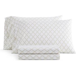 Martha Stewart – Twin Size Sheet Set, Crisp & Tailored Bedding with a Smooth Cotton Percale Feel, Deep Pocket, Bed Sheets with Matching Pillowcase & Fitted Sheet (Dotted Stripe Yellow)(Leaf Trellis Beige)