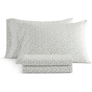 Martha Stewart – Twin Size Sheet Set, Crisp & Tailored Bedding with a Smooth Cotton Percale Feel, Deep Pocket, Bed Sheets with Matching Pillowcase & Fitted Sheet (Dotted Stripe Yellow)(Kennedy Floral Green)