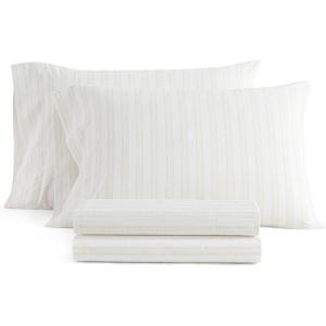 Martha Stewart – Twin Size Sheet Set, Crisp & Tailored Bedding with a Smooth Cotton Percale Feel, Deep Pocket, Bed Sheets with Matching Pillowcase & Fitted Sheet (Dotted Stripe Yellow)(Francesca Stripe Beige)