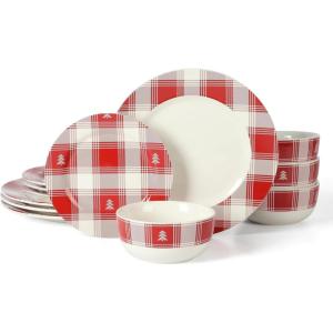 Martha Stewart Christmas Plates 12 Piece Decorated Red and White Stoneware Dinnerware Set(Red/White Plaid)