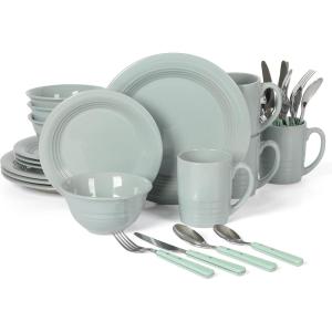 Martha Stewart Reedley 32 Piece Stoneware Dinnerware and Flatware Combo Set – Grey(Blue)