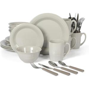 Martha Stewart Reedley 32 Piece Stoneware Dinnerware and Flatware Combo Set – Grey(Gray)
