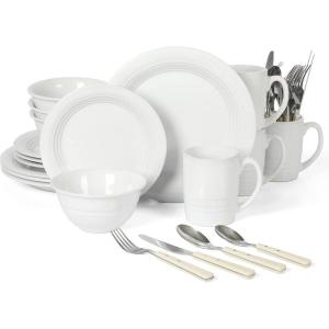 Martha Stewart Reedley 32 Piece Stoneware Dinnerware and Flatware Combo Set – Grey(Linen White)