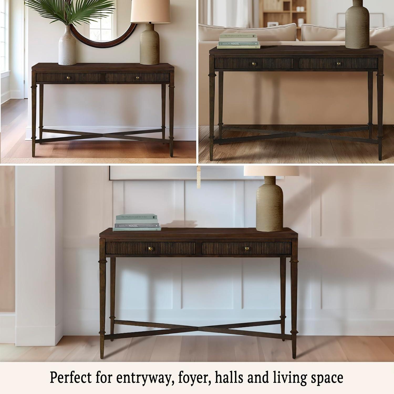 image:imageMartha Stewart Kena Hall Console Entryway with Storage Fluted Drawers Solid Wood Legs Cottage Inspired Sofa Table Antique Brass Knobs Coastal Living Room Furniture 475 Wide Brown475