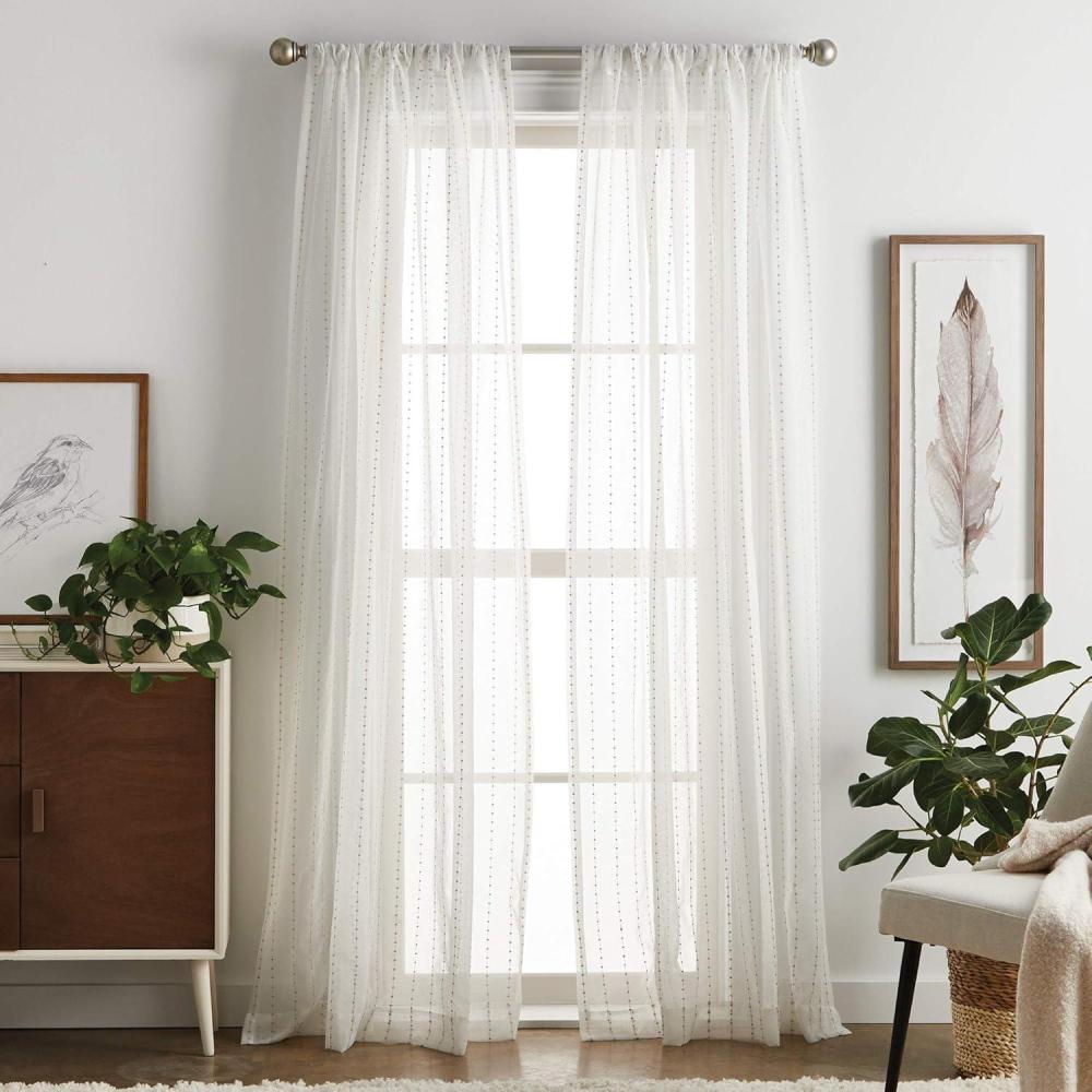 image:imageMartha Stewart Dot Embroidery Sheer Rod Pocket Window Curtain Panel Pair 84 ChampagneChampagne
