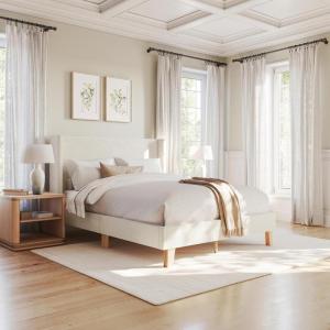 Martha Stewart Maisie Platform Bed with Wingback Headboard and Cushioned Side Rails, Boucle Upholstery, Wood Slat Foundation, No Box Spring Needed, King, Off-White(Off-white)