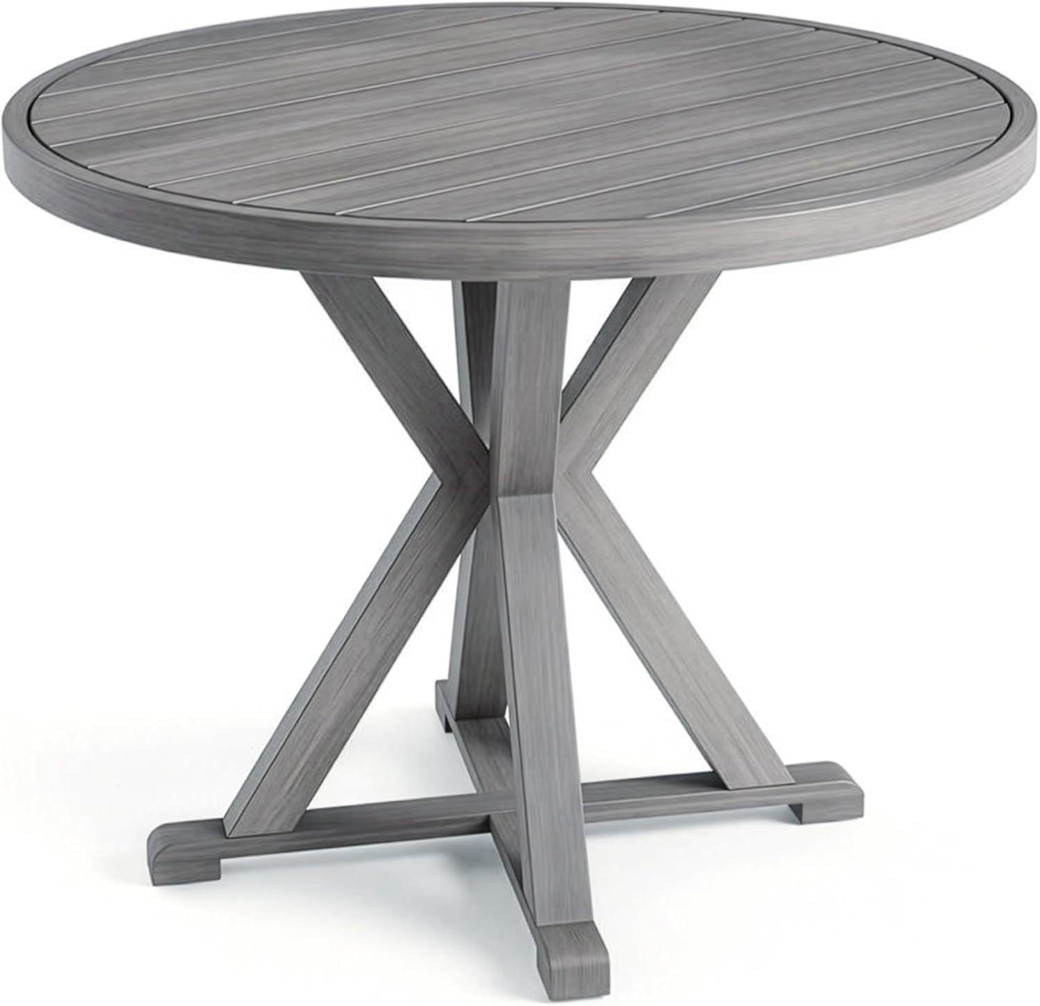 image:imageMartha Stewart Bedford 5 Piece Indoor Outdoor Aluminum Patio Set 36 Round Trestle Base Table 4 Stackable Chairs Gray Brushed Woodgrain Gray Seat CushionsGrey